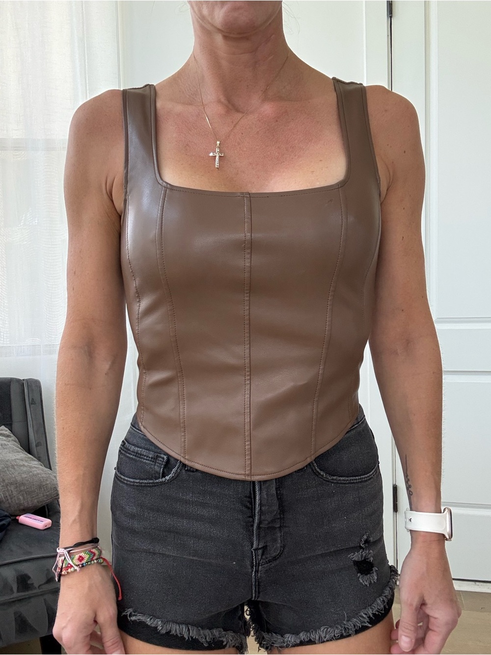 Heartloom Brown Faux Leather Square-Neck Tank